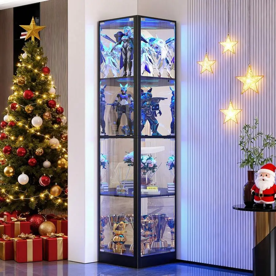 Corner  Cabinet  Glass Doors, 68"  Case  LED Lights, 4-TierCurio Cabinets For Collectibles/Toys/Books, Mirrored Storage Cabinet, White with Display mirror Handle Vertical Dresser