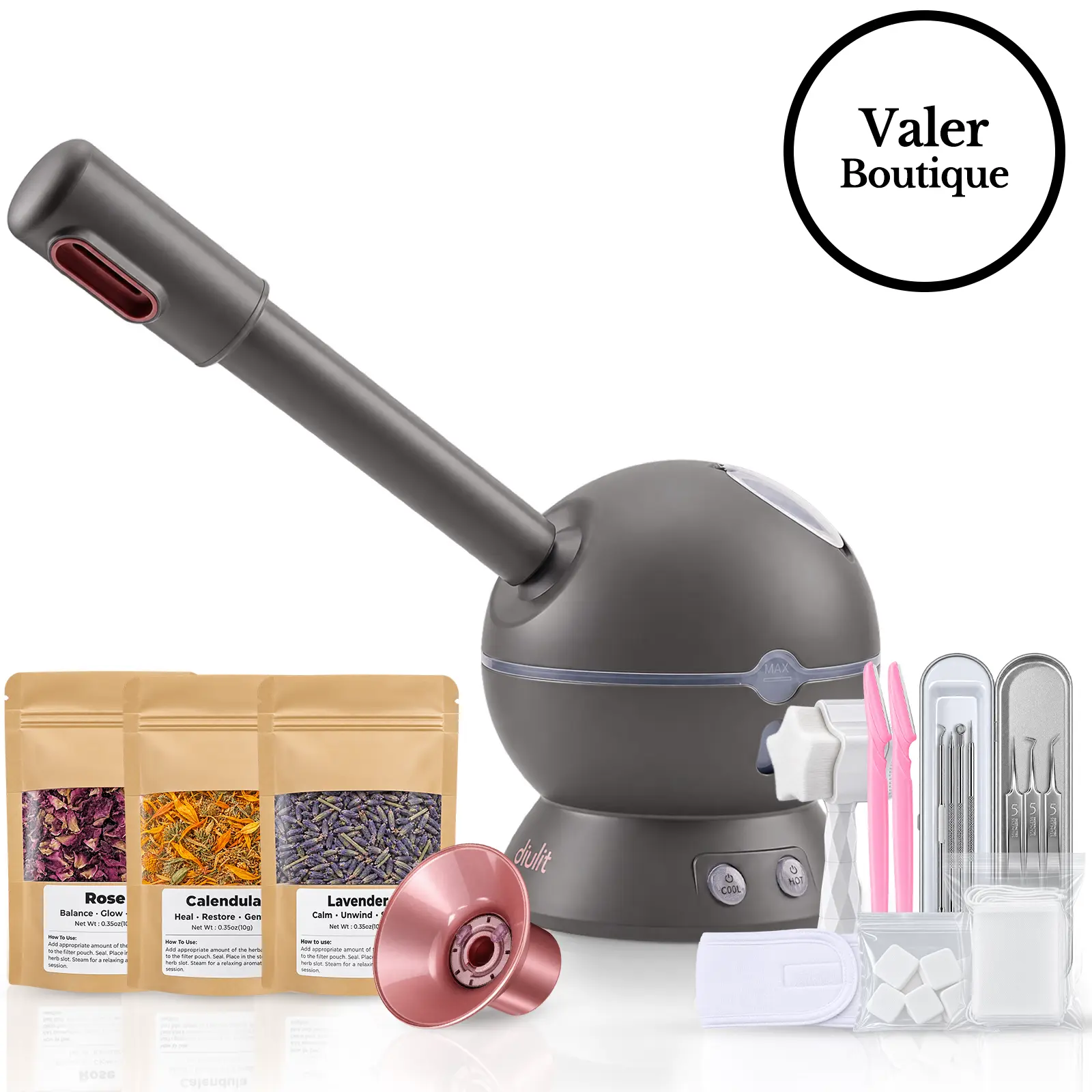 diulit Nano Ionic Hot & Cold Facial Steamer - 2-in-1 Hot Mist & Cool Spray Face Steamer with 2 Interchangeable Nozzles, Aromatherapy Herbal Packs, Deep Pore Cleansing for Home Spa, Skincare Kit