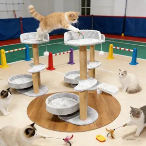 Multi layer climbing cat frame with multifunctional space saving features including platform, suspended bed, and grab post. Modern cat furniture for indoor multi cat rooms with soft cushions, suitable for all seasons with cat teasing tools