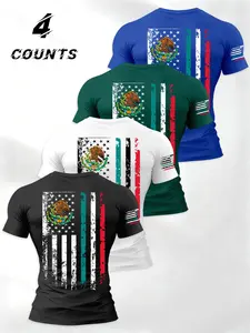 Men's Mexican Emblem & American Flag Print Shirt, 4-Piece Set Round Neck Short Sleeve T-Shirts, Casual Loose Fit Summer Wear
