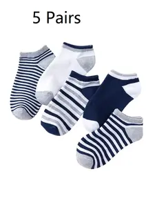 Men's Striped Ankle Socks, Breathable Low Cut Boat Socks, Lightweight Casual Summer Socks, 5 Pairs, Comfortable Daily Wear