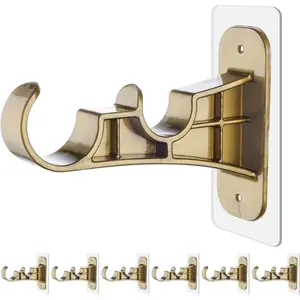 6-Pack Double Curtain Rod Bracket No Drill, Adhesive Nail-Free Rod Holder Brackets, No Drilling Damage Free Double Rods Hangers Hooks for Living Room, Bathroom, Kitchen - Retro Color