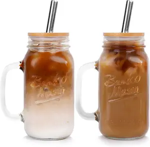 Mason Jar with Handle - Colorful Drinking Glasses Colored Glass Cups with Lids and Straws Colored Glasses Drinking Set of 2 Mason Jars Iced Coffee Cups Tumblers Smoothie Water Bottles