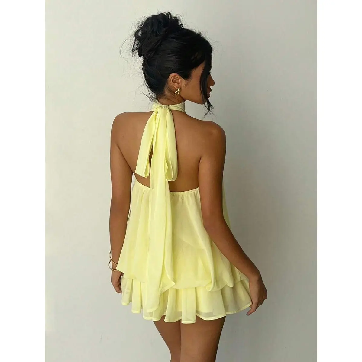 Aloruh Women's Chiffon Elegant Butter Yellow Halter Tie Mini Dress,Women Dating Dress,Women Night Out Aloruh Women's Chiffon Elegant Butter Yellow Halter Tie Mini Dress,Women Dating Dress,Women Night Out