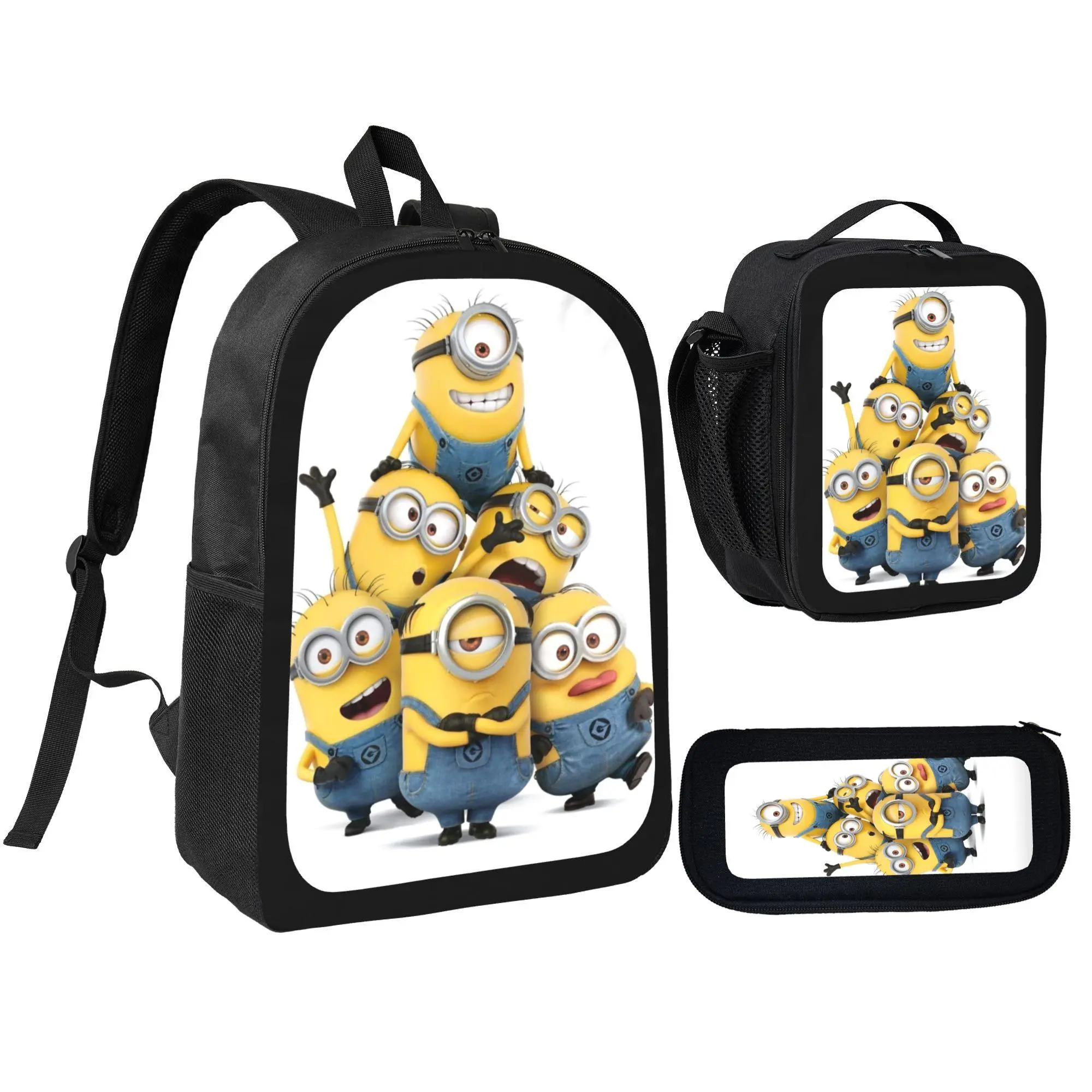 [3Pcs Backpack Set] Minions Cartoon Characters with Lunch Bag Pencil Pouch School Bag for Kids Boys Girls Students