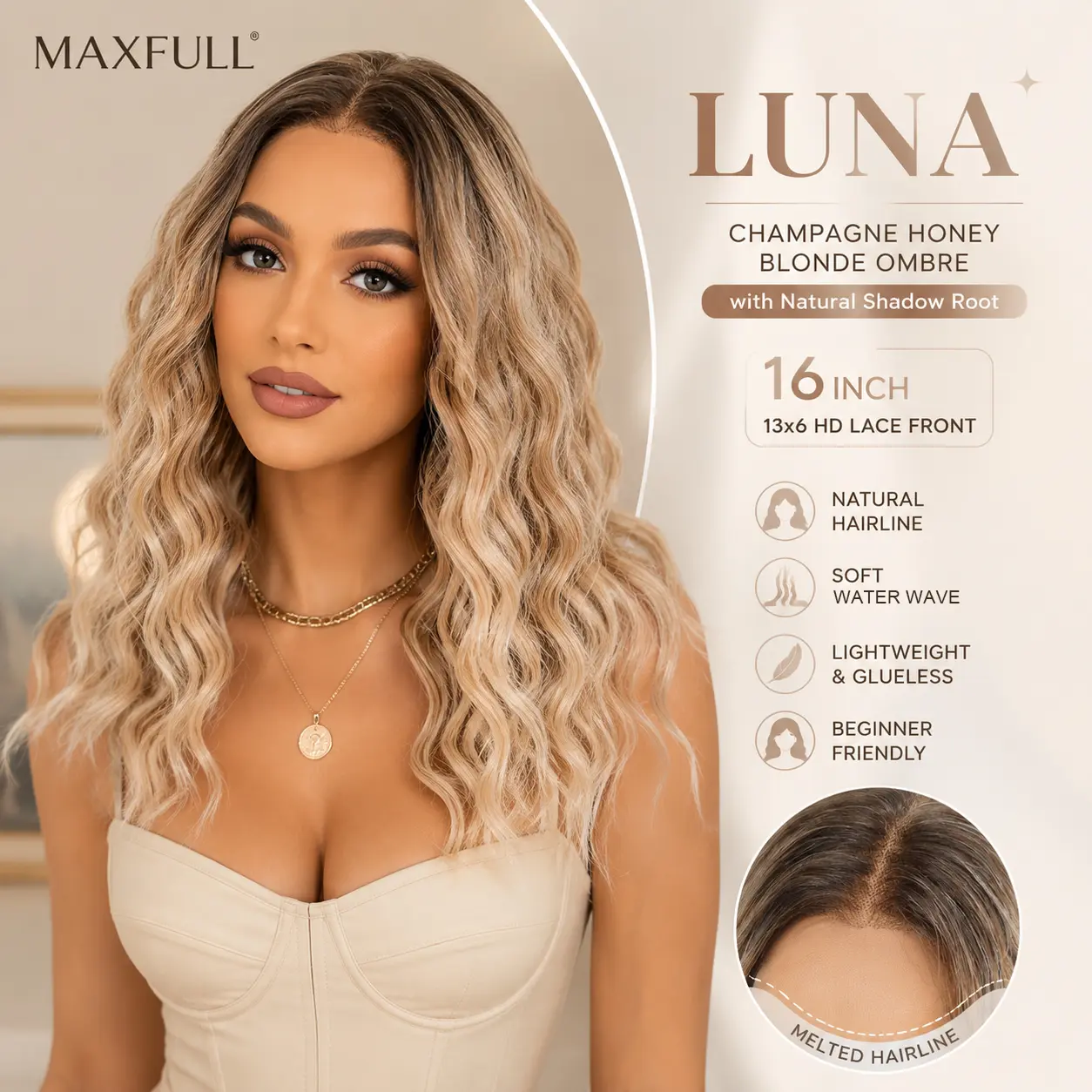 Luna - MaxFull Shadow Root Champagne Honey Blonde Ombre Lace Front Wig | 16 Inch 13x6 HD Lace Water Wave Wig with Melted Natural Hairline, Lightweight Glueless Beginner-Friendly Synthetic Everyday Wig
