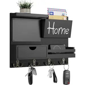 Farmhouse Key Holder for Wall with Mail Organizer, Includes Drawer, Wallet Holder & 4 Double Hooks, Black, Easy Installation Wall Mount Organizer