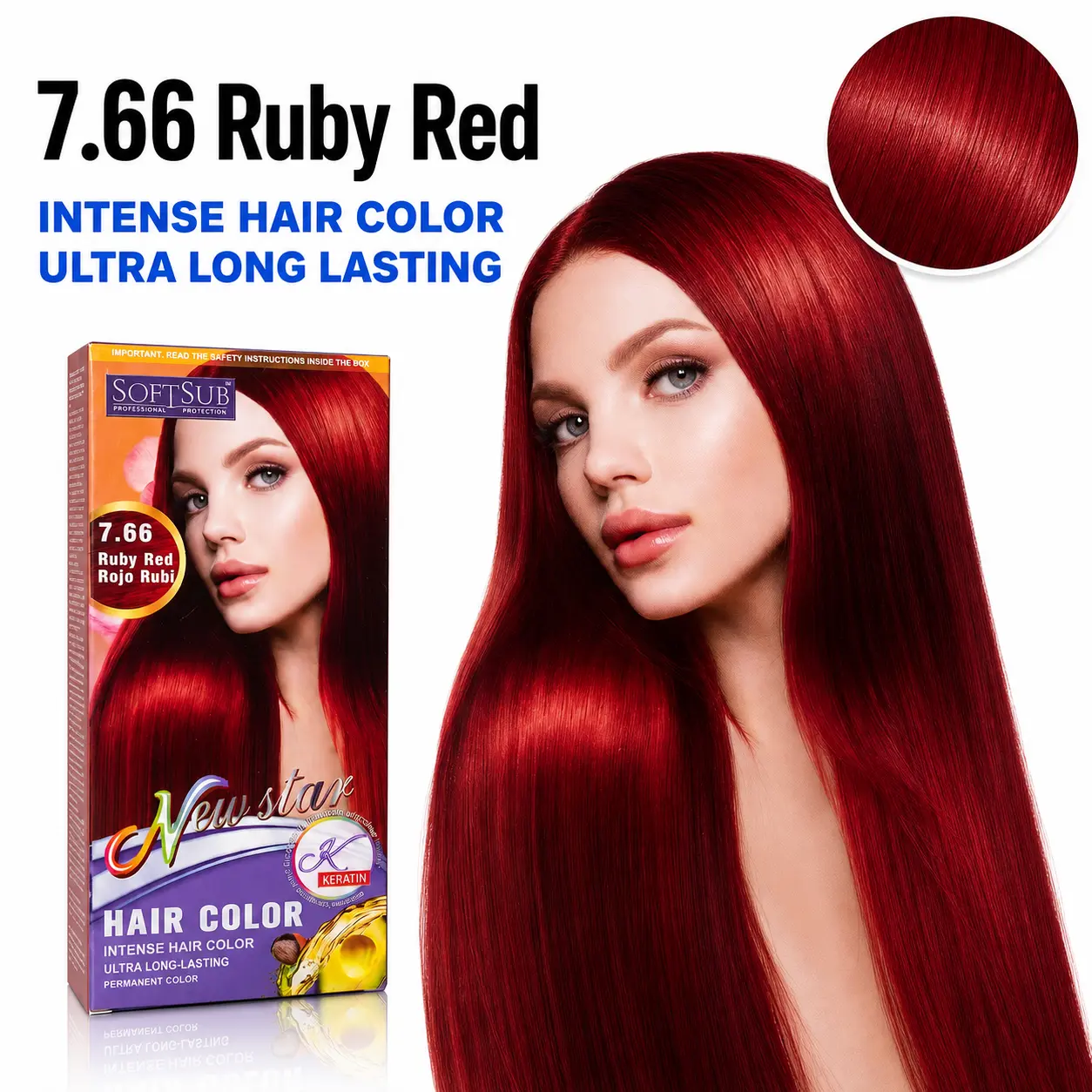 SOFTSUB New Star Permanent Hair Color, Ruby Red 7.66 - Keratin Blend for a Vibrant Hue & Root-to-Tip Coverage, Single Box