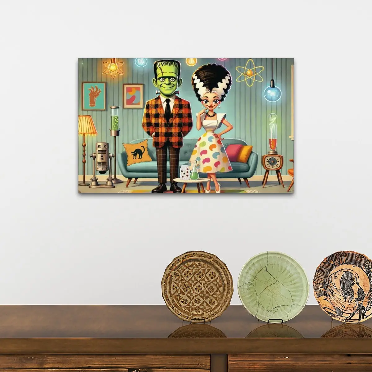 Frankenstein And Bride, Kitschy Retro Mid Century Modern Wall Art Canvas Print