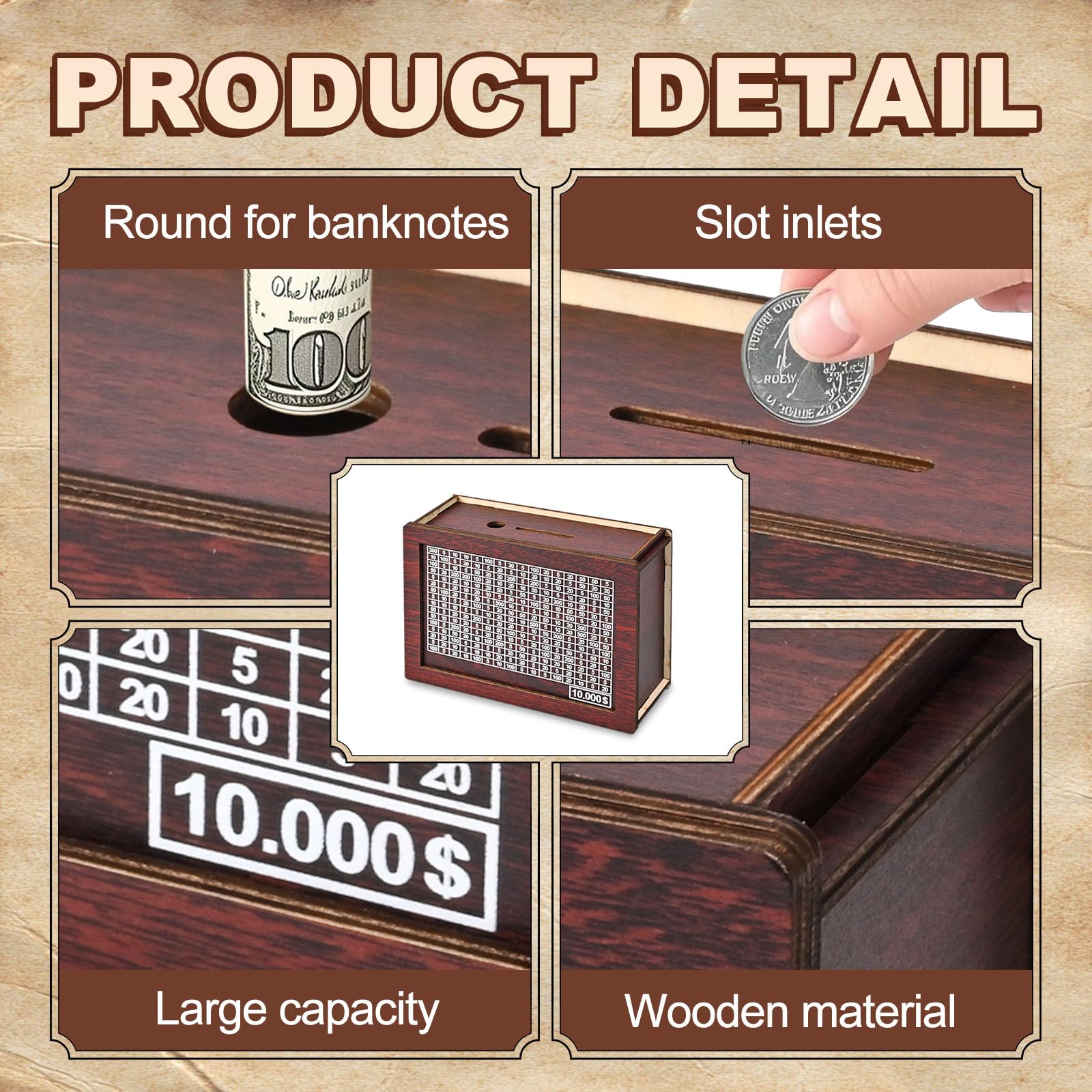 10000 Savings Challenge Box, Wooden Money Saving Piggy Bank for Adults Kids, Reusable, Targets 10k 10000 Savings Challenge Box, Wooden Money Saving Piggy Bank for Adults Kids, Reusable, Targets 10k