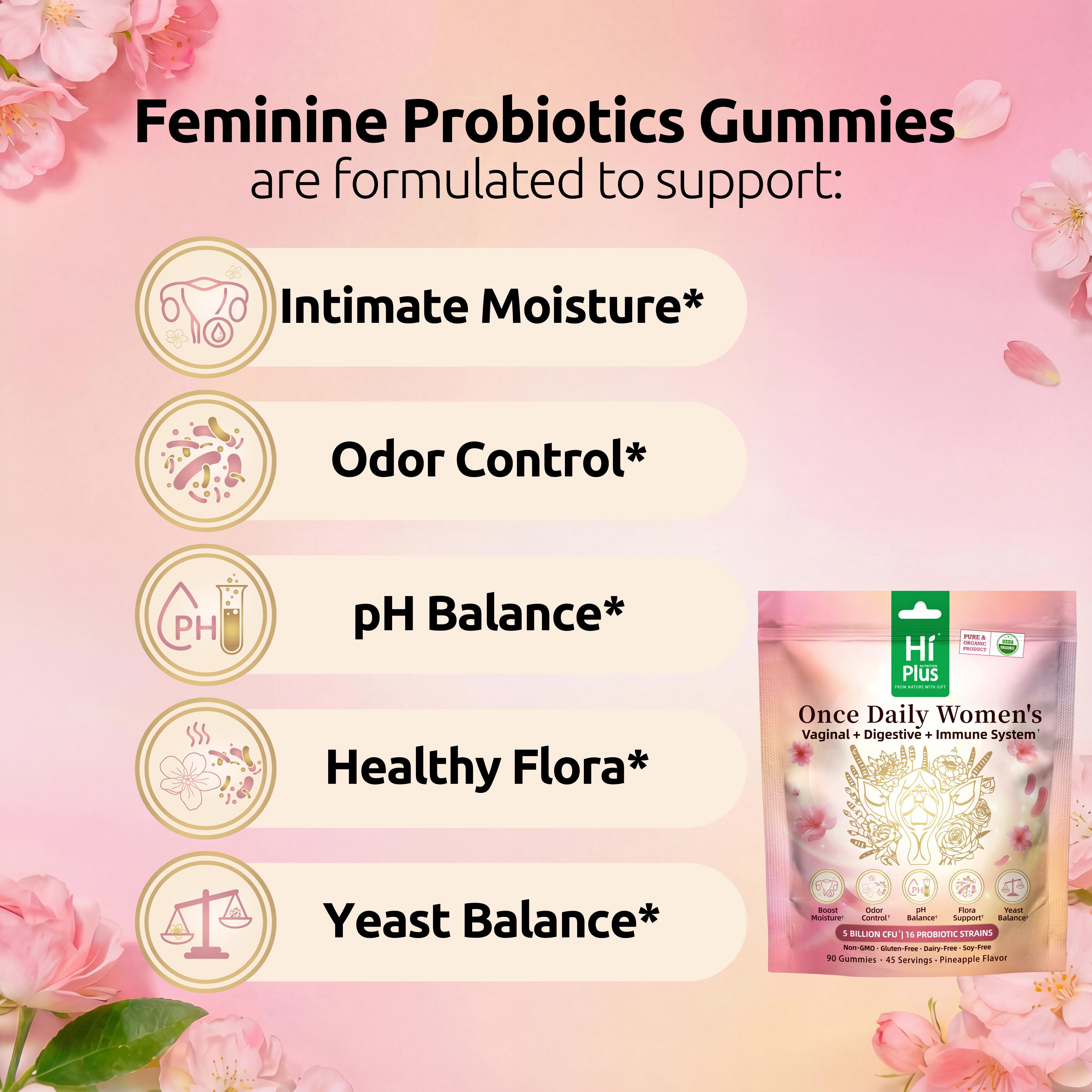 HiPlus Women's Probiotic Gummies with Prebiotic Fiber - Supports pH Balance & Odor Control - 16 Strains (5 Billion CFU) - Delicious Pineapple Flavor for Gut & Feminine Health - Dairy & Soy Free - 90 Count