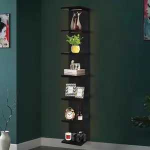 7-Tier Wall Shelf with 3 LED Lighting Modes, Multifunctional Wall Mounted Vertical Lack Wall Shelf with Remote Control for Bedroom Living Room Vanity, Black