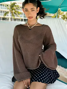 Women's Y2K Vintage Loose Fit Long Sleeve Sweater, Casual Plain Design Tie Back Knitwear, Extra-Long Sleeve Lightweight Top Womenswear Knitting