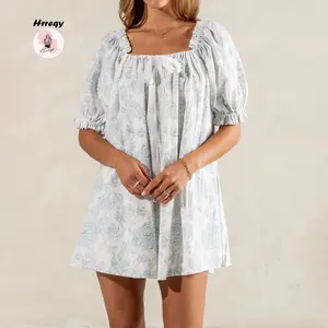 Women Flower Mini Dress Loose Frill Trim Square Neck Short Sleeve Casual Short Dress for Summer