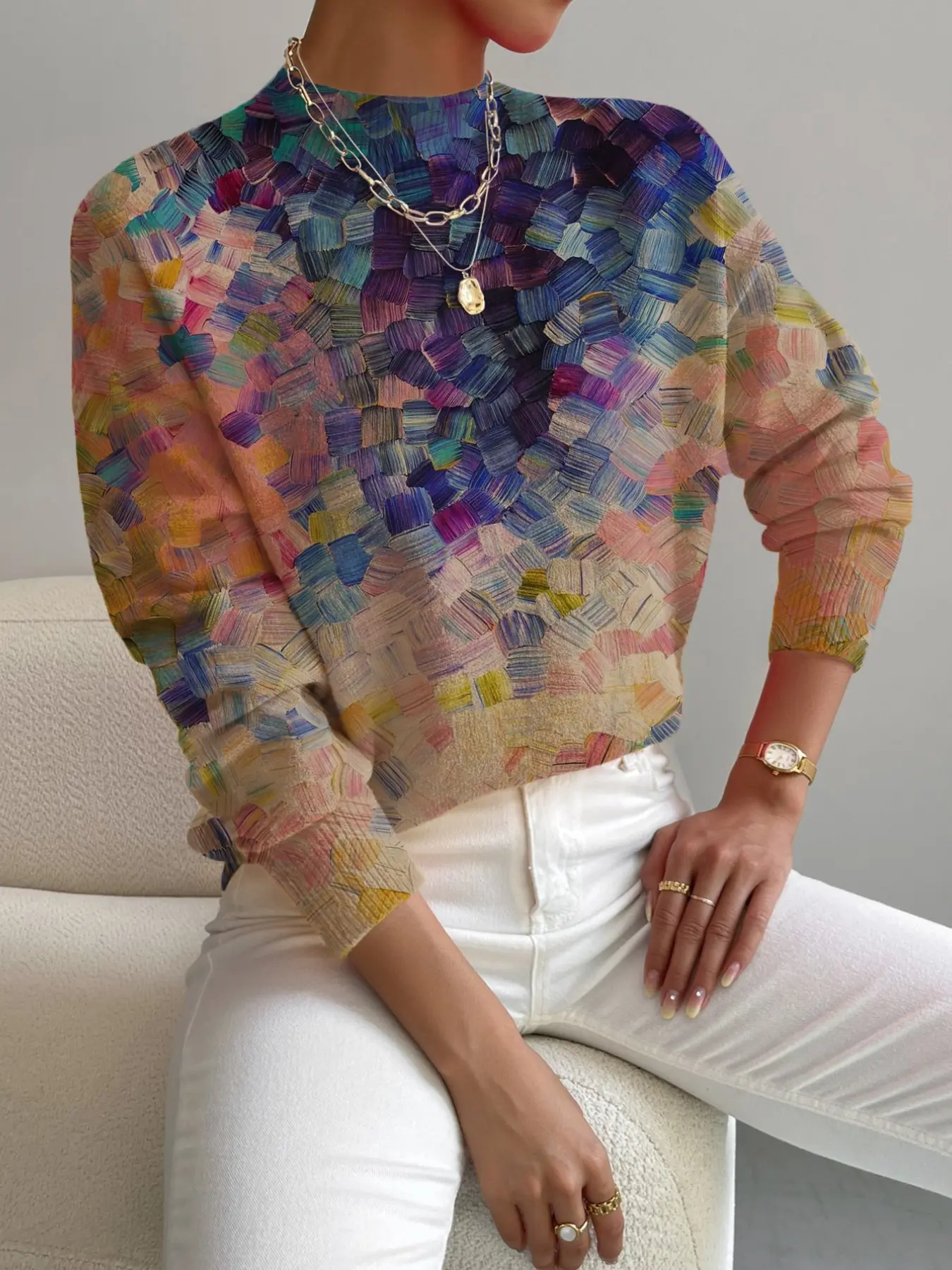 Women's Knitted Sweater, Knitwear, Spring Autumn Winter Collection, Small Stand Collar Color Block Gradient Print, Casual Elegant Commute Wear