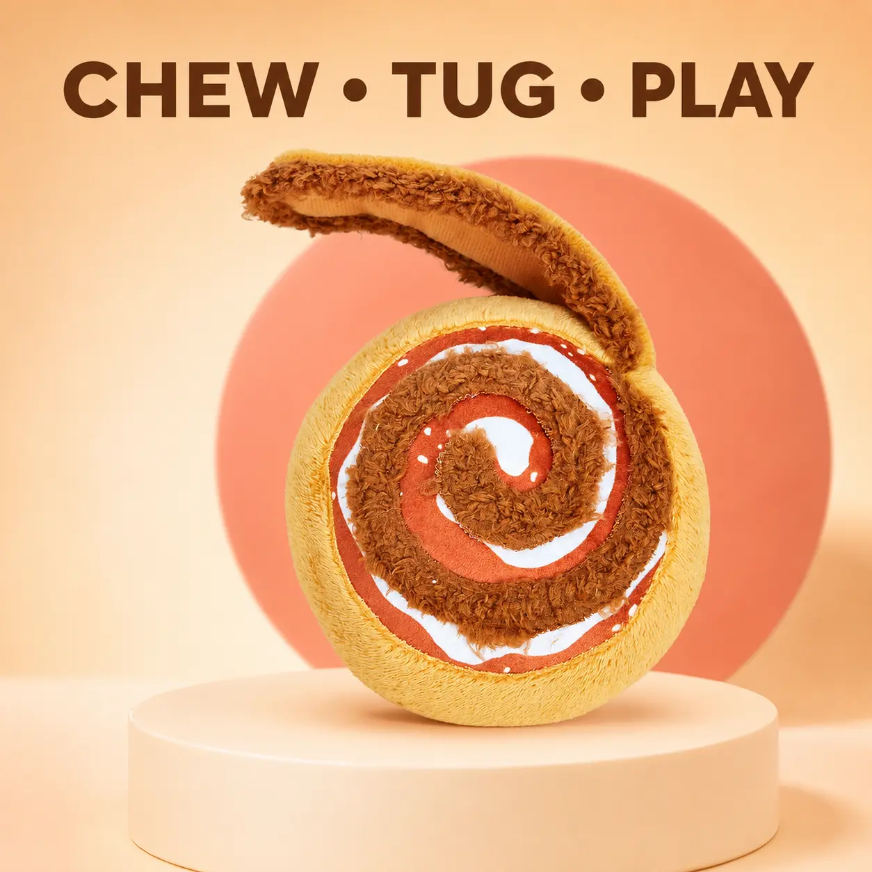 Cinnamon Roll Plush Dog Toy, Soft Interactive Chew and Tug Toy with Pull Strap for Puppies and Small Dogs