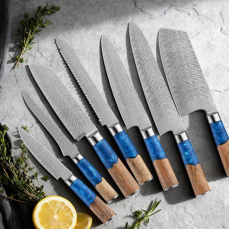 7-piece set - Blue Resin Damascus style Chef Knife Set - Professional grade knives, multifunctional knives, blue resin handle, high-end set, perfect for gift giving, one-stop solution for kitchen knife inconvenience, stunning appearance