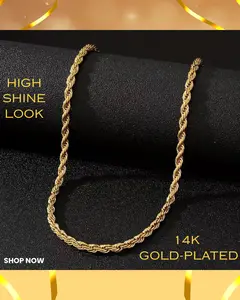 Unisex 14K Stamped Gold Plated 4mm/8mm Rope Twisted Chain Necklace Solid Material Jewelry 18" 20" 22" 24" Long - Non Tarnish