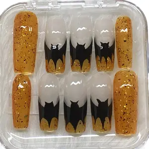 French Bat Press On Nails with Glitter Accents and Black Cat Design for Stylish Manicure
