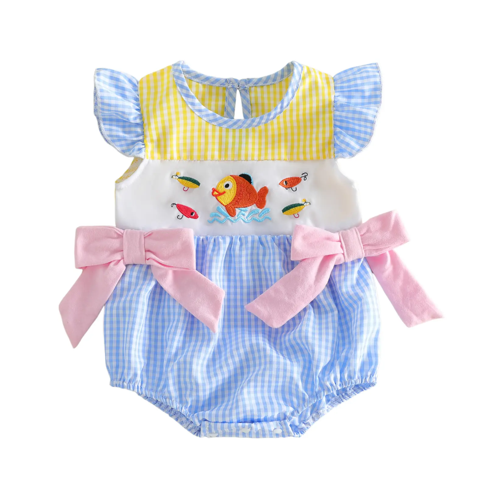 Newborn Plaid Bubble Romper - Polyester Blend, Fish Embroidery, Bows, Flying Sleeves, Cute Summer Infant Bodysuit, Newborn Girls Clothing, Baby Girls Clothing