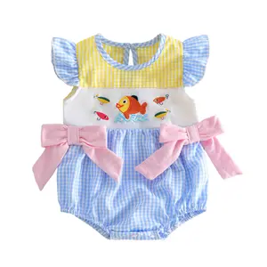 Newborn Baby Girl Plaid Bubble Romper Bows Fishing Embroidered Flying Sleeve Jumpsuit Cute Infant Summer Clothes