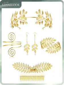 LOYALLOOK 5Sets Grecian Goddess Costume Accessories Set Greek Leaf Headband Coil Bracelet Artificial Pearl Earrings Golden Leaves Bridal Hair Comb for Women Wedding Party