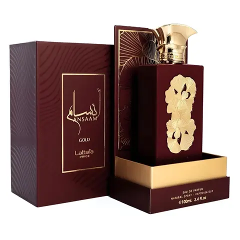 Lattafa Ansaam Gold Unisex Eau de Parfum Spray - 3.4 oz Luxury Arabic Unisex Fragrance, Arabian Fragrance Spray, Floral-Woody Intense Scent, Amber Patchouli, Candy Musk, Vanilla Base, Long-Lasting Liquid, Strong Sillage