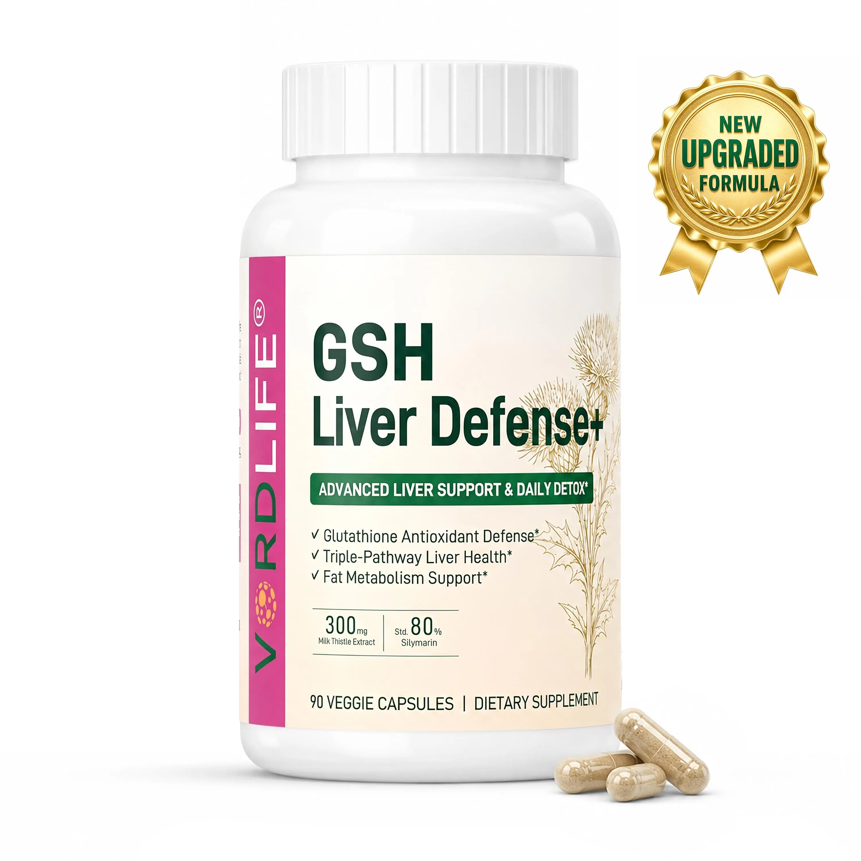 VORDLIFE GSH Liver Defense+ Liver Support Supplement with Milk Thistle, Glutathione, Choline & Alpha Lipoic Acid | Daily Liver Detox Support, Antioxidant Formula, Supports Healthy Fat Metabolism | 90 Capsules