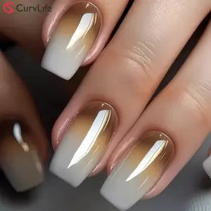 Mocha Veil Press On Nails | CurvLife Nail | 24pcs Medium Square Fake Nails | Glossy Finish with Smooth Mocha-White Gradient for a Refined Look | Easy to Apply, Comfortable & Long-Lasting | Great for Coffee Dates, Gallery Visits & Casual Workdays