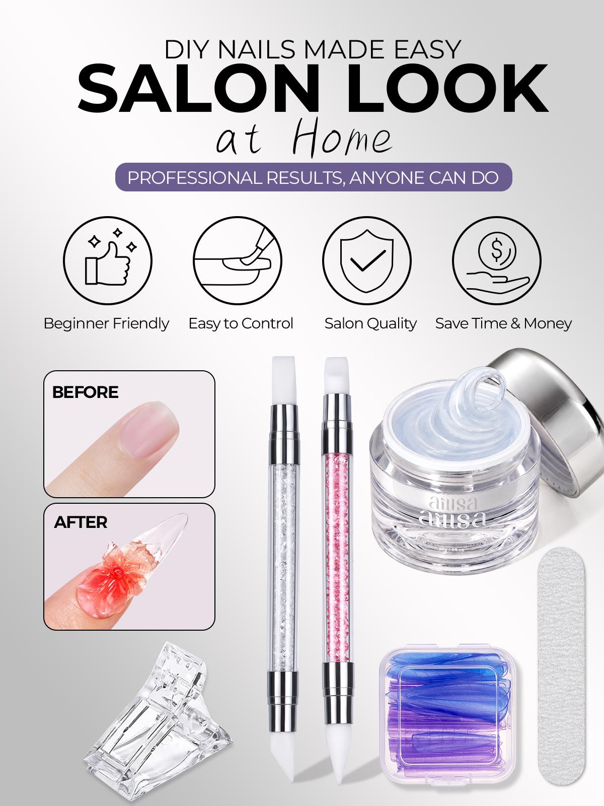 AILLSA Solid Builder Gel Nail Kit, 30g Non-Stick Hand Extension Gel with Dual Forms & Silicone Brushes, All-in-One Hard Gel Easy DIY Summer Nails Salon Manicure Starter Set for Beginners