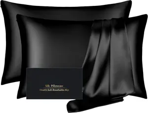 Silk Pillow Cases 2 Pack, Mulberry Silk Pillowcases Standard Set of 2, Smooth, Anti Acne, Both Sides Natural Silk Satin Pillow Cases for Sleeping Women 2 Pack with Zipper, Black