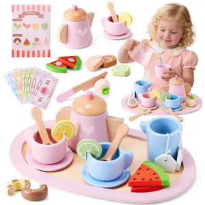 Pretend Play Princess Tea Party Set, Kids Wooden Kitchen Play Food Sets Gifts ,For 1-6 Year Old Toddler Girls Boys, Christmas Birthday Gift