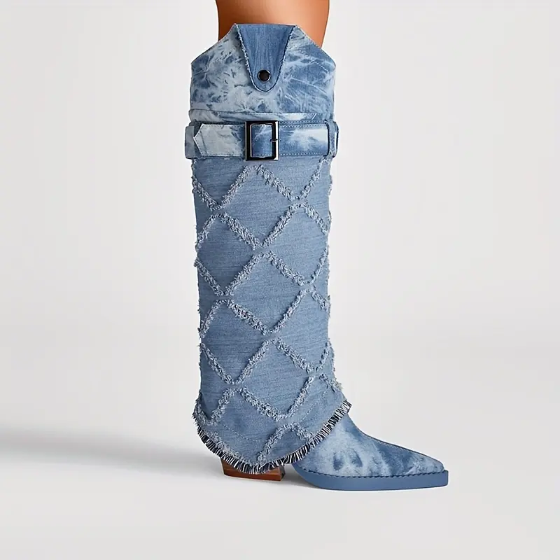 Women's Tie-Dyed Plaid Boots, Pointed Toe Mid-Calf Ornament Casual Shoes, Women's Fashion Shoes Girl Footwear Blue Comfort