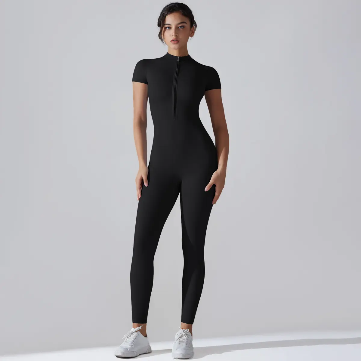 Women's Buttery Soft High-Stretch Short-Sleeve Solid-Color Zipper Bodysuit, Stretchable Activewear, Stylish Activewear for Yoga, Running & Daily Wear