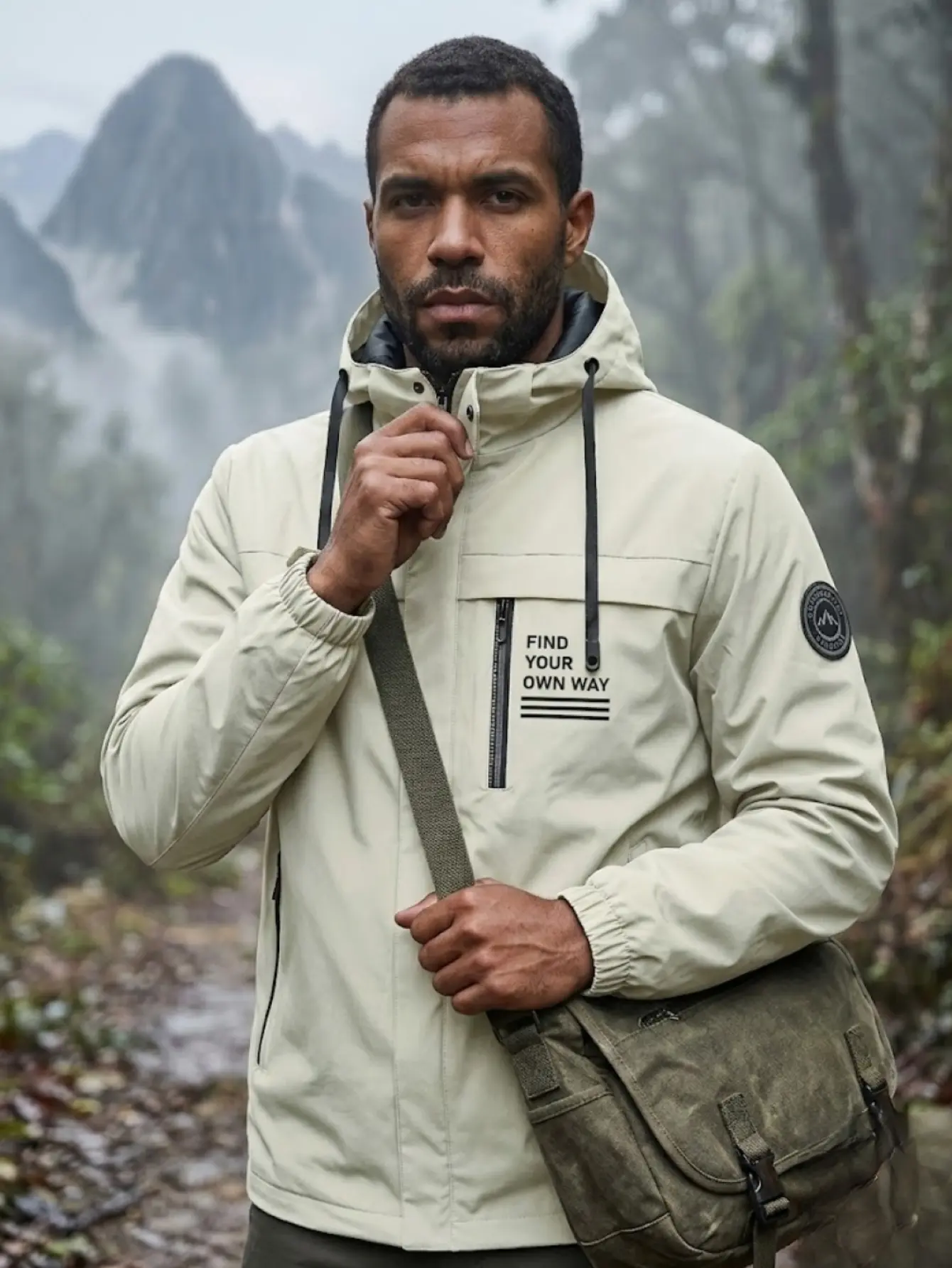 Men’s hooded outdoor functional zip-up hardshell jacket, water- and windproof, multi-pocket, retro rugged design