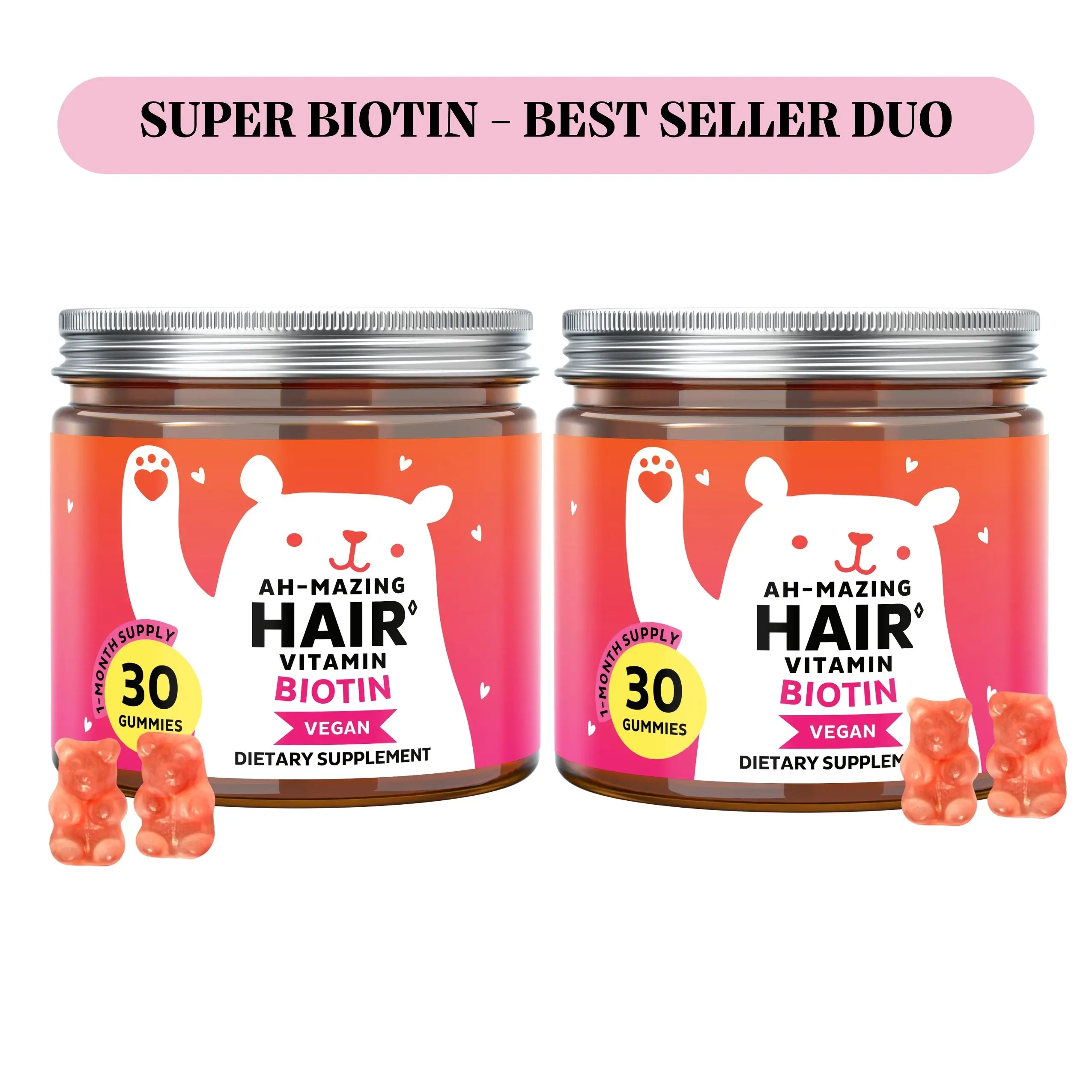 Bears with Benefits Super Biotin best seller duo: Biotin Gummies for Hair Growth, Skin & Nails –  5000 mcg Biotin + Vitamins C & E + Zinc - 30 Gummies - Vegan Wild Berry Flavor