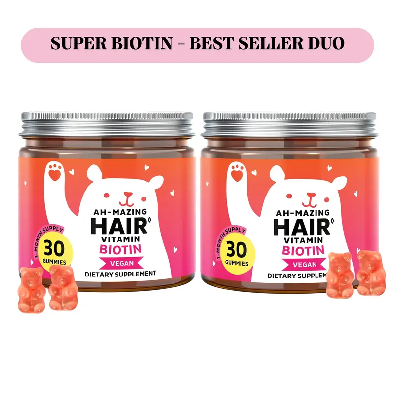 Bears with Benefits Super Biotin Best Seller Duo Healthy Edible Supplement Gummy Candy - 5000 mcg Biotin, Vitamin B6 (Supports Skin & Hair), Vitamins C & E, Zinc - 30 Vegan Wild Berry Flavor Gummies for Nails