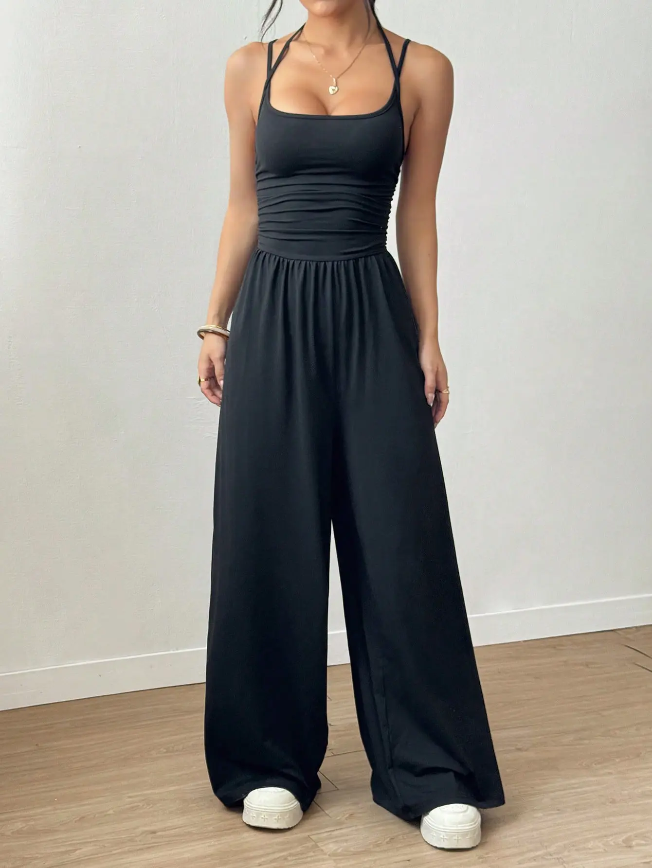 Petite Women's Pleated Straight Leg Jumpsuit, Casual Loose Fit Romper, All Season Sleeveless One Piece Outfit, Minimalist Everyday Fashion Overalls