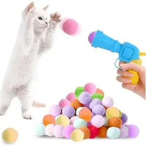 Interactive Cat Pom-Pom Launcher Set, 20/50 Piece Soft Ball Refills, Indoor Exercise and Training Toy for Cats, Random Colors