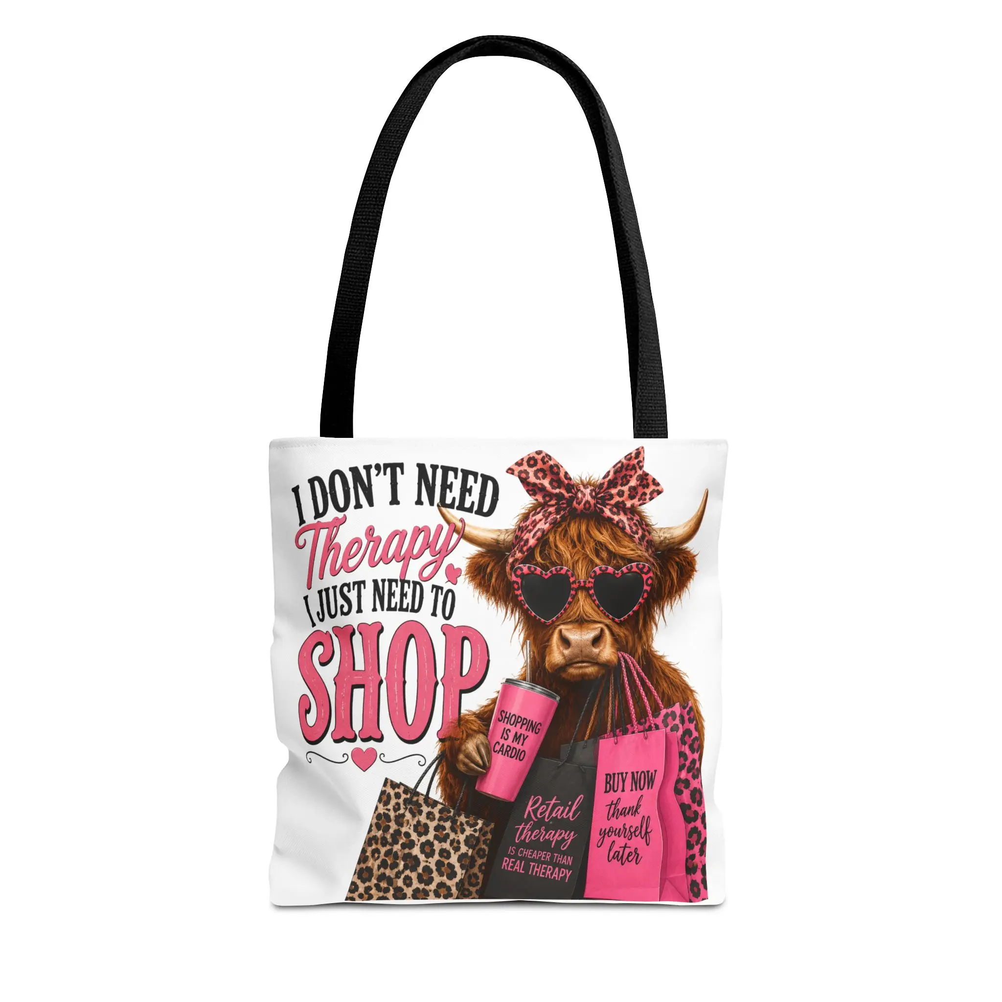 Women's Synthetic All-Over Print Casual Cute Double Handle Tote Bag - "I Don’t Need Therapy I Just Need to Shop" Cow Shopper Design, Lightweight, Machine Washable