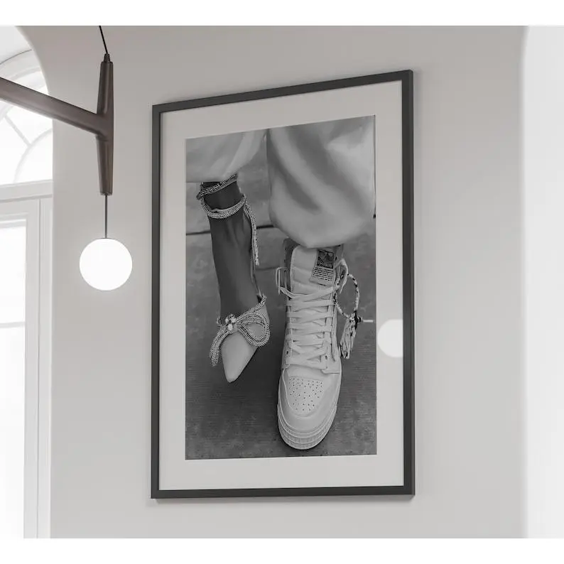 Black and White Sneaker Over-Heels Graphic Print Poster, Fade-Proof Artwork Photo, Cool Room Decor, Home Decor Products for Hypebeast Fashion Walls