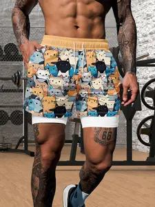 Double Layer Anti-Slip Beach Shorts, Cute Cat Print Quick-Dry Casual Sports Five-Quarter Pants, Fitted Drawstring Waist Training Pants, Graphic Fitness Shorts, Quick Drying Shorts, Drawstring Athletic Shorts