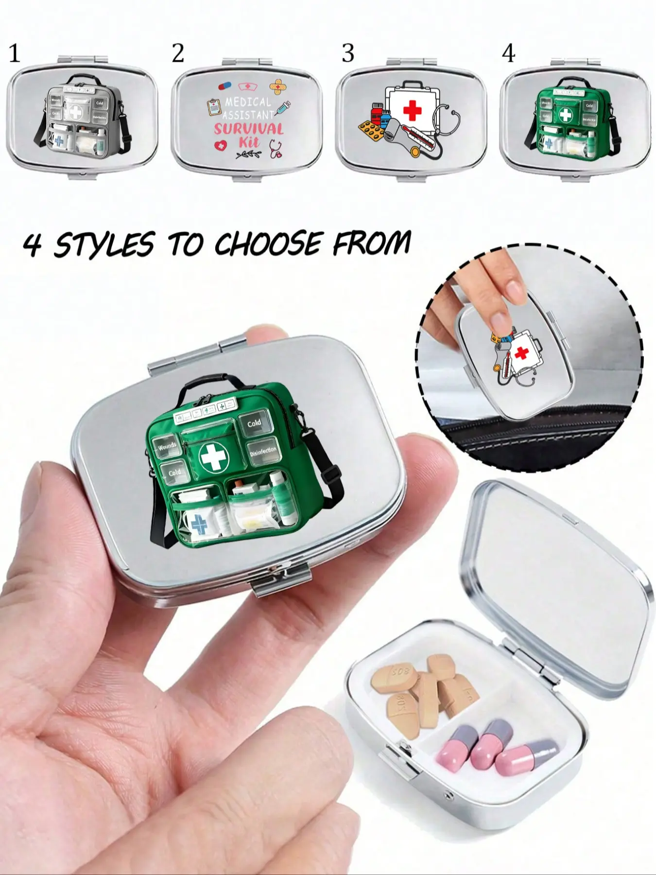 Vintage Silver Color Pill Box with Medication Pattern, Portable Mini Metal Storage Case, Creative Gift for Nurses & Jewelry