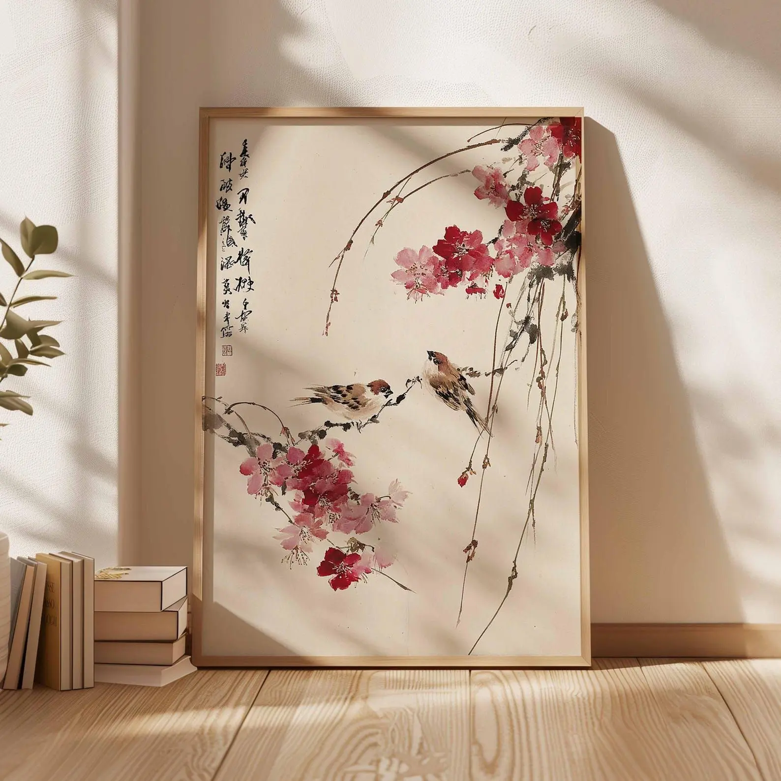 Cherry Blossom Wall Art, Japanese Bird Poster, Asian Style Print, Oriental Nature Artwork, Zen Home Decor, Traditional Floral Wall Art