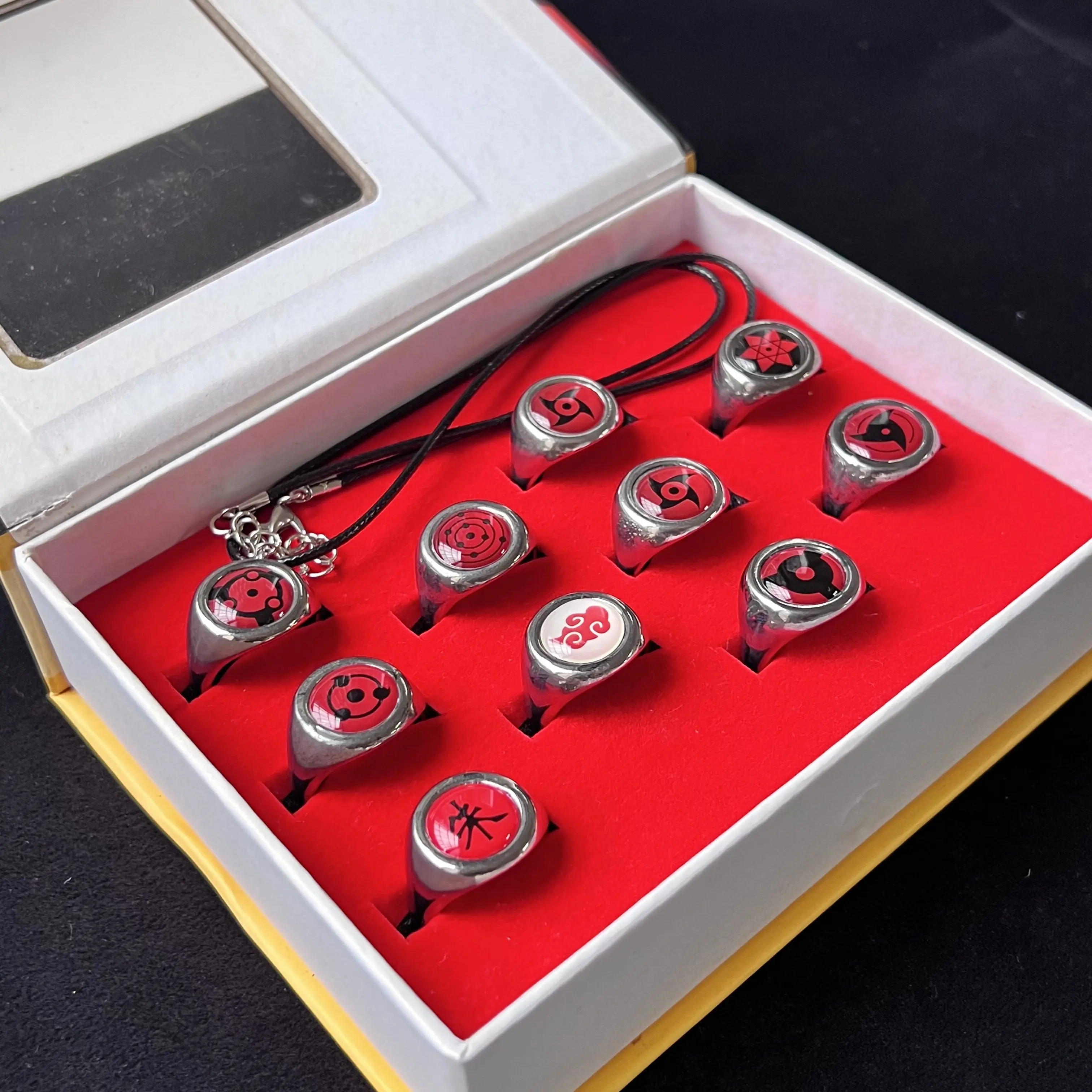 Unisex Naruto Sharingan 10-Pcs Cosplay Rings Set - Akatsuki Itachi Sasuke Themed Costume Jewelry with Necklace Chain, Perfect Anime Gift for Naruto Fans (Birthday, Holiday)