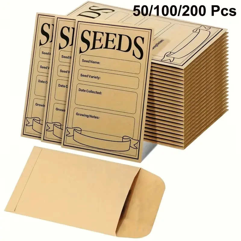 50/100/200 Seed Envelopes, Reusable Design Sealed Secure Closure Seed Packets, Safe Small Compact Size Envelopes for Vegetable Seeds, Seed Storage Envelopes, Multiple Quantities, Supplies