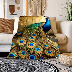 Golden Peacock Pattern Printed Blanket, Soft And Comfortable Blanket For Travel, Nap Blanket For Sofa Bed, Office Home Decoration, For Birthday Holiday Gift, Available All Year Round