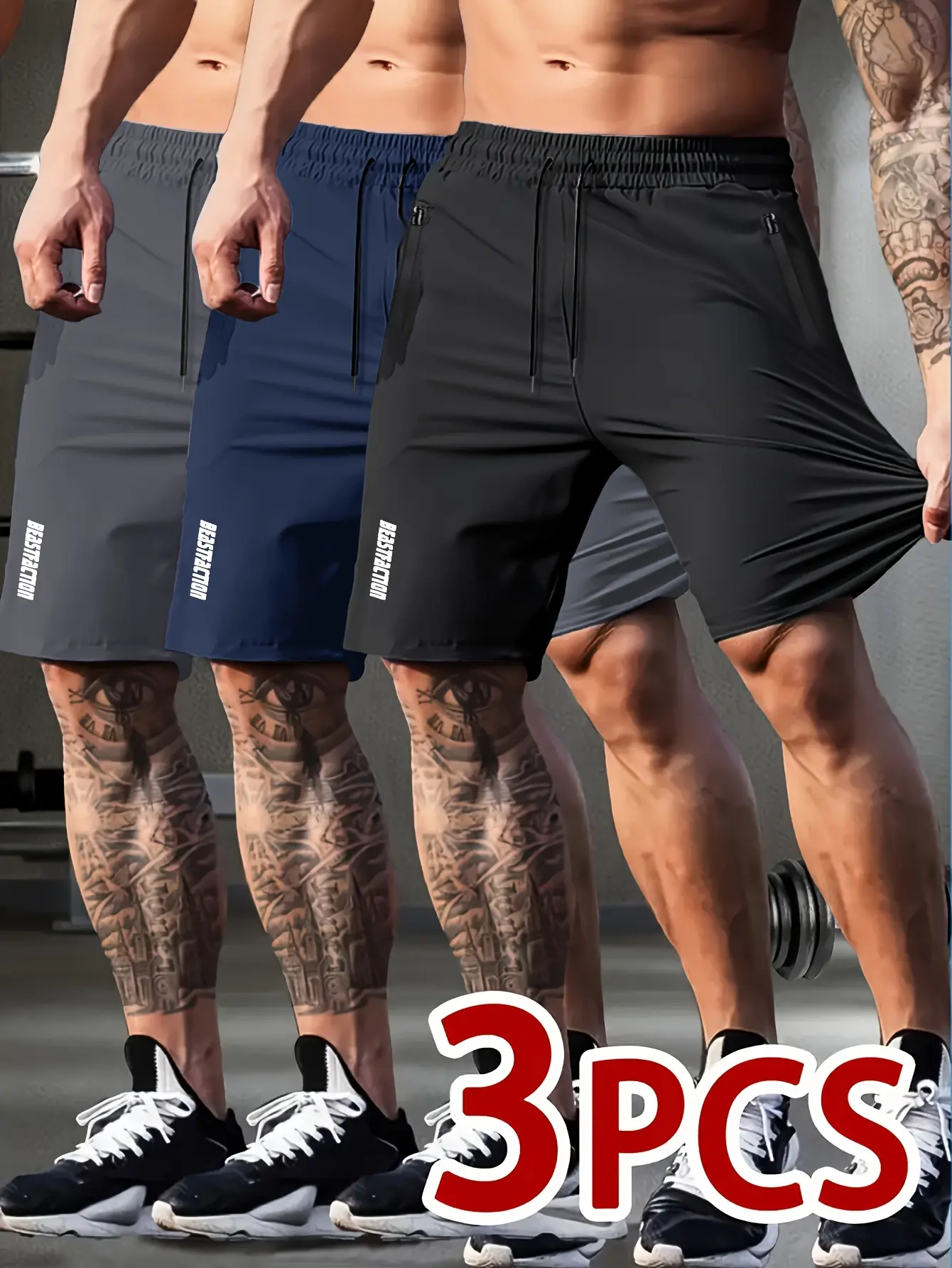 Men’s quick-dry casual shorts, 3-pack — elastic waistband and drawstring design, letter print zip pockets — lightweight summer training outdoor sports shorts, available in 3 colors (black/gray/navy blue), minimalist style, breathable fabric, a gym enthusi