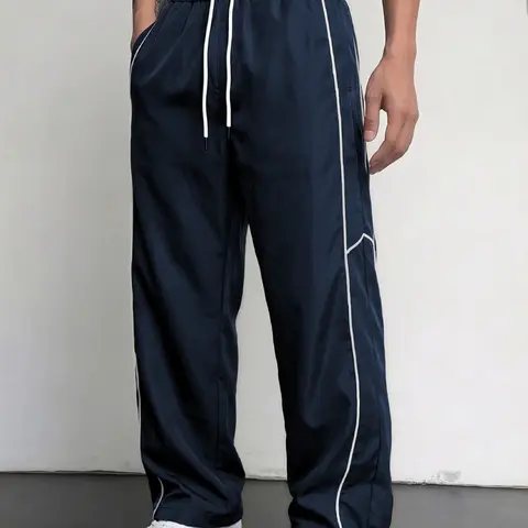 Men's Casual Sports Long Pants, Lightweight Fabric, Loose Fit, Side Roll Straps Design, Perfect for Daily and Leisure Wear, Athleisure Pants