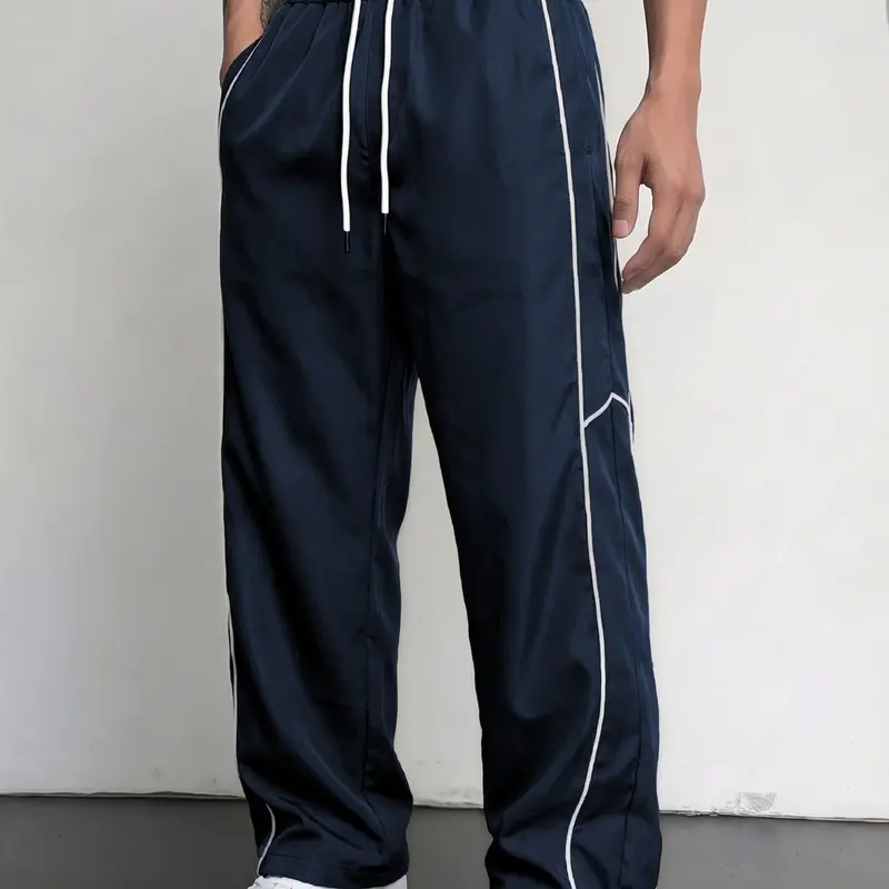 Men's Casual Sports Long Pants, Lightweight Fabric, Loose Fit, Side Roll Straps Design, Perfect for Daily and Leisure Wear, Athleisure Pants